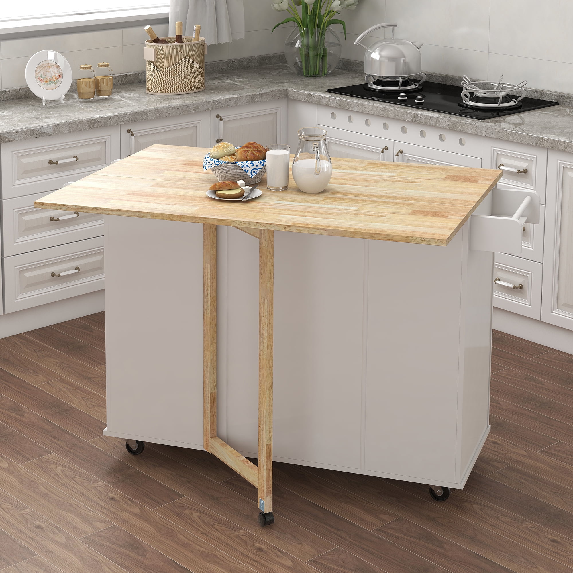 Mintazer Rolling Kitchen Island Cart with Extensible Table Top, Kitchen Trolley with Storage Cabinet & Drawers, White