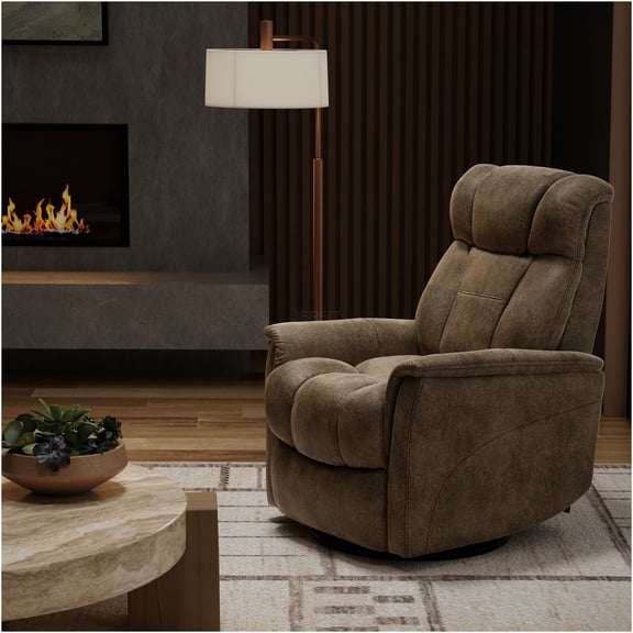 JERFIT Swivel Glider Recliner Chair with Adjustable Headrest and Footrest, 360° Swivel, Brown Fabric, for Living Room, Bedroom