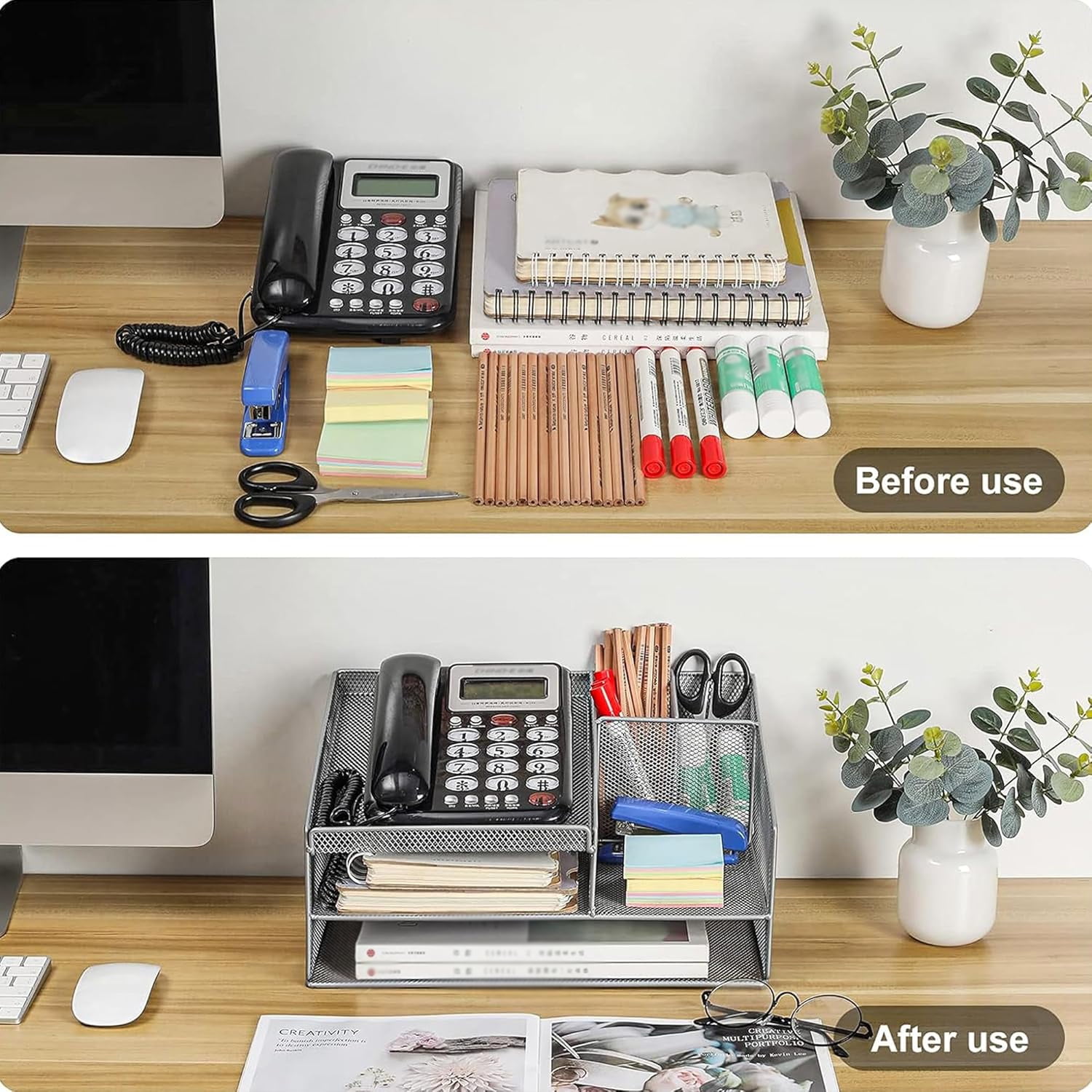 EasyPAG Multi-Compartment Mesh Desk Organizer - Black Metal Office Storage Caddy for Phones, Pens, Documents, Stationery