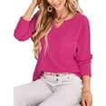 thumbnail image 3 of Womens Tops Waffle Knit Long Sleeve Notched V Neck Shirts Casual Trendy Solid Color Loose Blouses Rose Red XL, 3 of 7