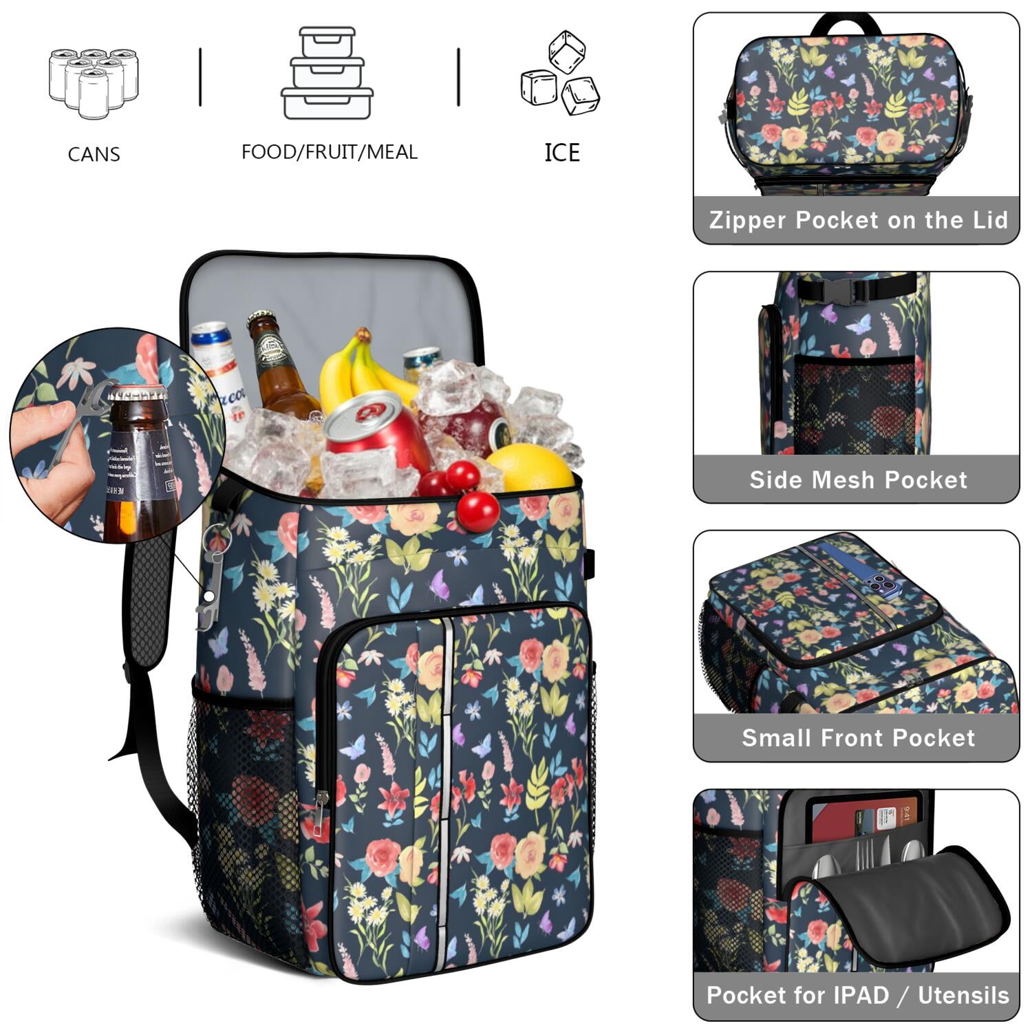 Travel Cooler Bag - Pioneer Flower Floral Print Pattern Camping Beer Cooler Backpack with Bottle Opener- Waterproof Insulated Picnic Backpacks - Cooler Bag for Beach