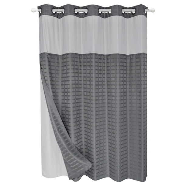 Cortina de ducha sin ganchos con forro de tela a presión, cortinas de ducha gruesas y resistentes con tejido de gofre y ventana superior de malla, juego de cortinas de baño impermeables estilo hotel,