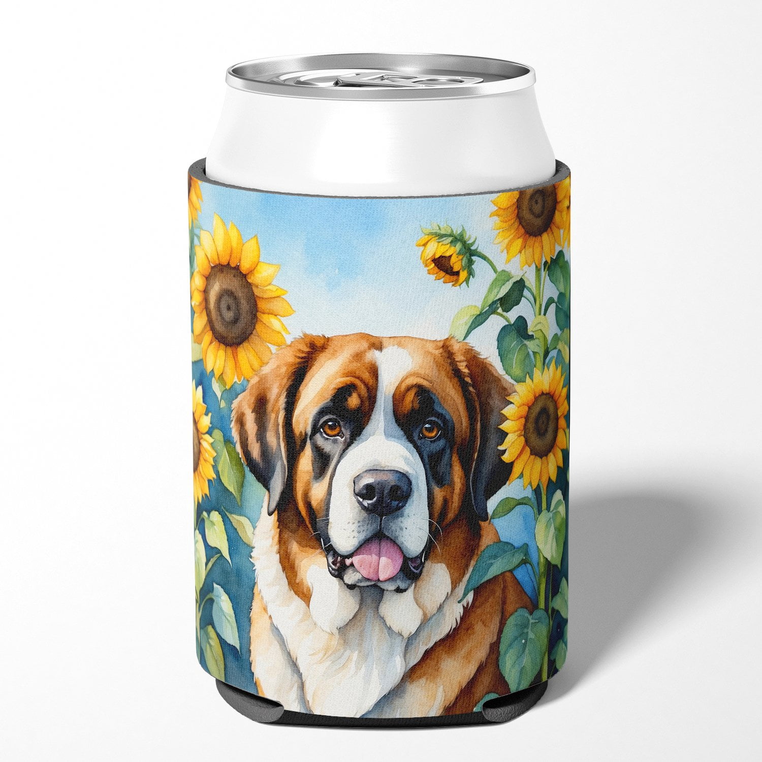 Saint Bernard in Sunflowers Can or Bottle Hugger 3 in x 5 in