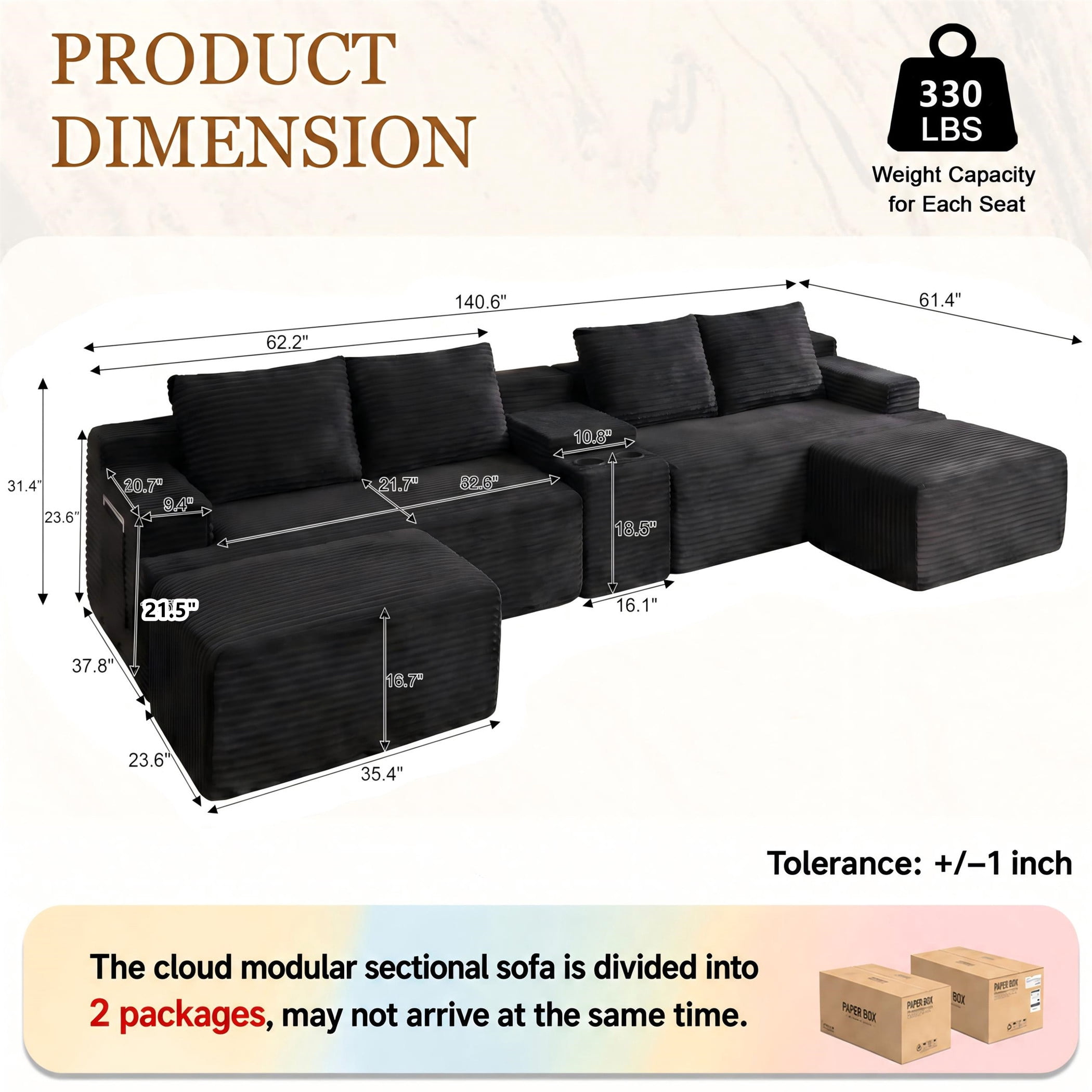 Aukfa 140" U-Shaped Cloud Sectional Sofa Oversized Boneless Couch with Cup Holder Storage Console Modular Couch for Living Room, Corduroy, Black