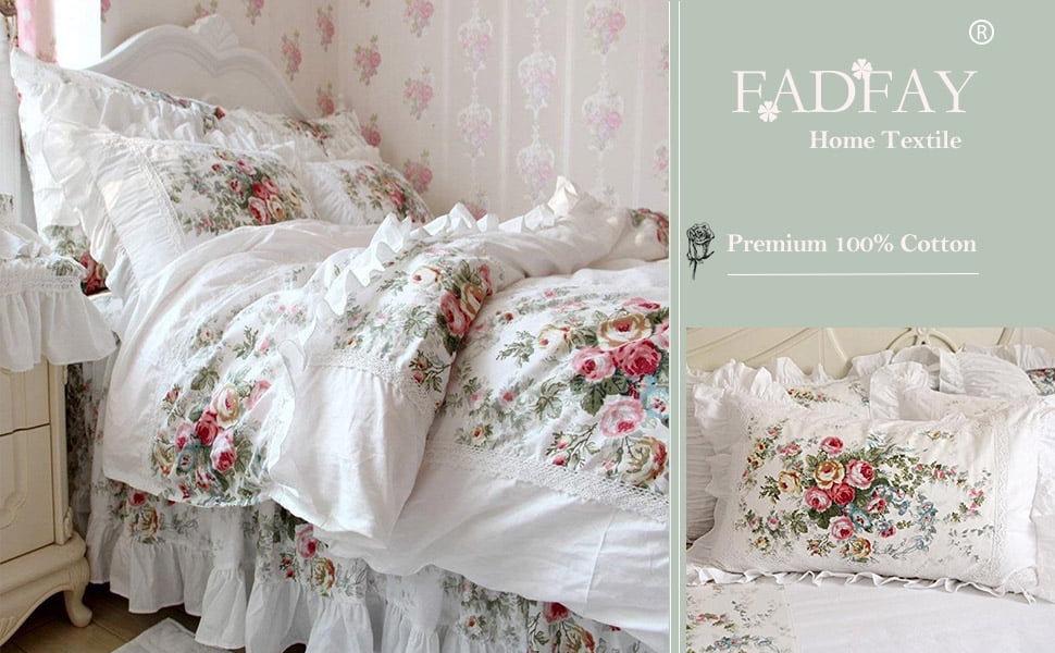 FADFAY Vintage Hydrangea Duvet Cover Set – 100% Cotton French Country Style (Full Size, 4-Piece)