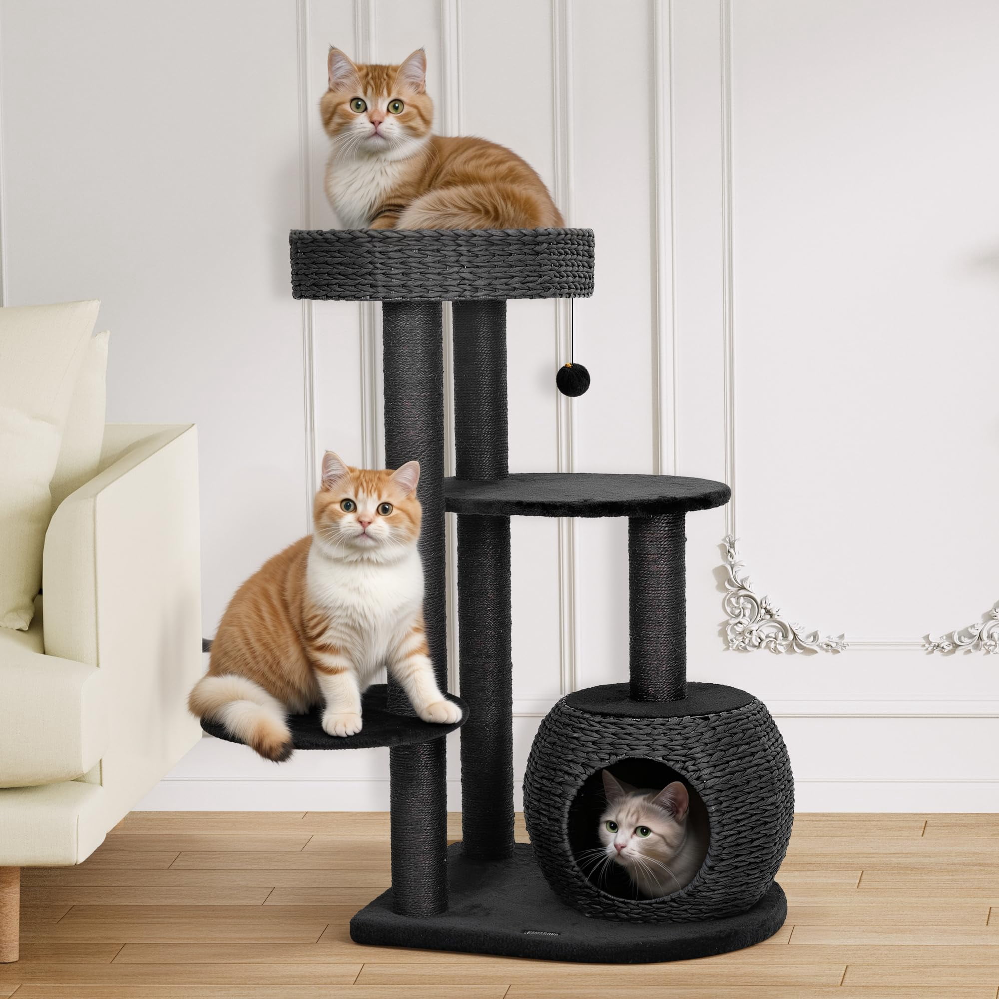 Modern Cat Tree for Indoor Cats, 39 Inch Tall Cat Tower with Scratching Posts, Hand-Woven Condo, Soft Perch & Plush Platforms, Natural Sisal Climbing Structure for Kittens to Play Rest Black
