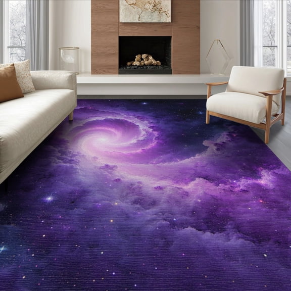 ODIKA 8'x10' Washable Area Rug Purple Starry Cosmic Galaxy Swirl Abstract Nebula Stardust Constellation for King Size Bedroom Under Bed, Master Suite, Non-Shedding, Easy Care