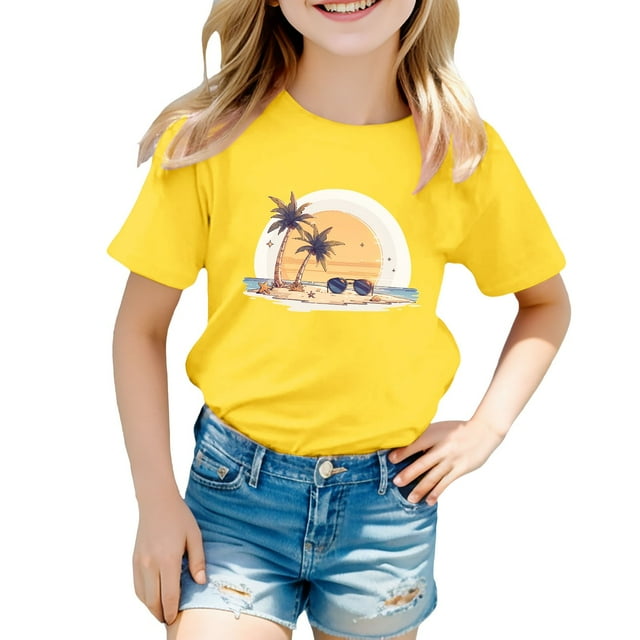 T-shirts pour Filles Imprimés Manches Courtes Col Rond Tenues d'Été pour Tout-Petits Hauts pour Filles 8-9 Ans Mode Filles