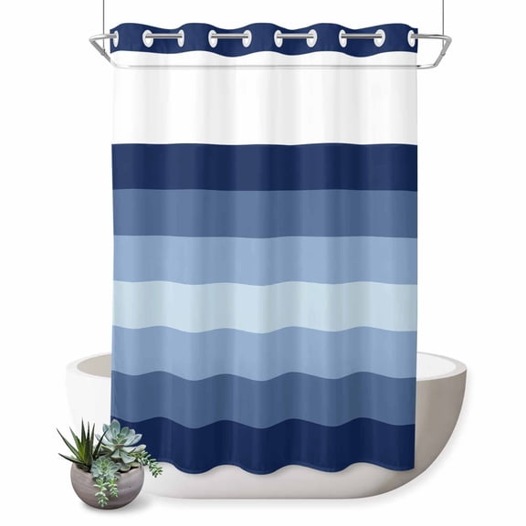 Navy Blue No Hook Shower Curtain Ombre Stripe Shower Curtain with See Through Top Window, Waterproof Washable Fabric Curtain for Bathroom Hotel Decor, 60Wx72L