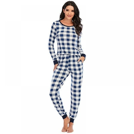 

Clearance Sale! Women Pajamas Set Soft Long-Sleeved Plaid Sleepwear Soft O Neck Home Service Two-Piece Set
