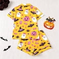 thumbnail image 4 of CUZIBR Baby Pajamas For Girls Halloween Short Sleeve Bow Print Button Down Shirt And Shorts 2 PC Sleepwear Ghost Pumpkin Spider Graphic Lapel Smooth Cozy Casual Daily Nightwear,Yellow,4-5 Years, 4 of 9