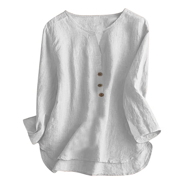 Camisa de mujer de color liso con cuello en V y botones: estilo informal y elegante, corte holgado, poliéster resistente, fácil de combinar.