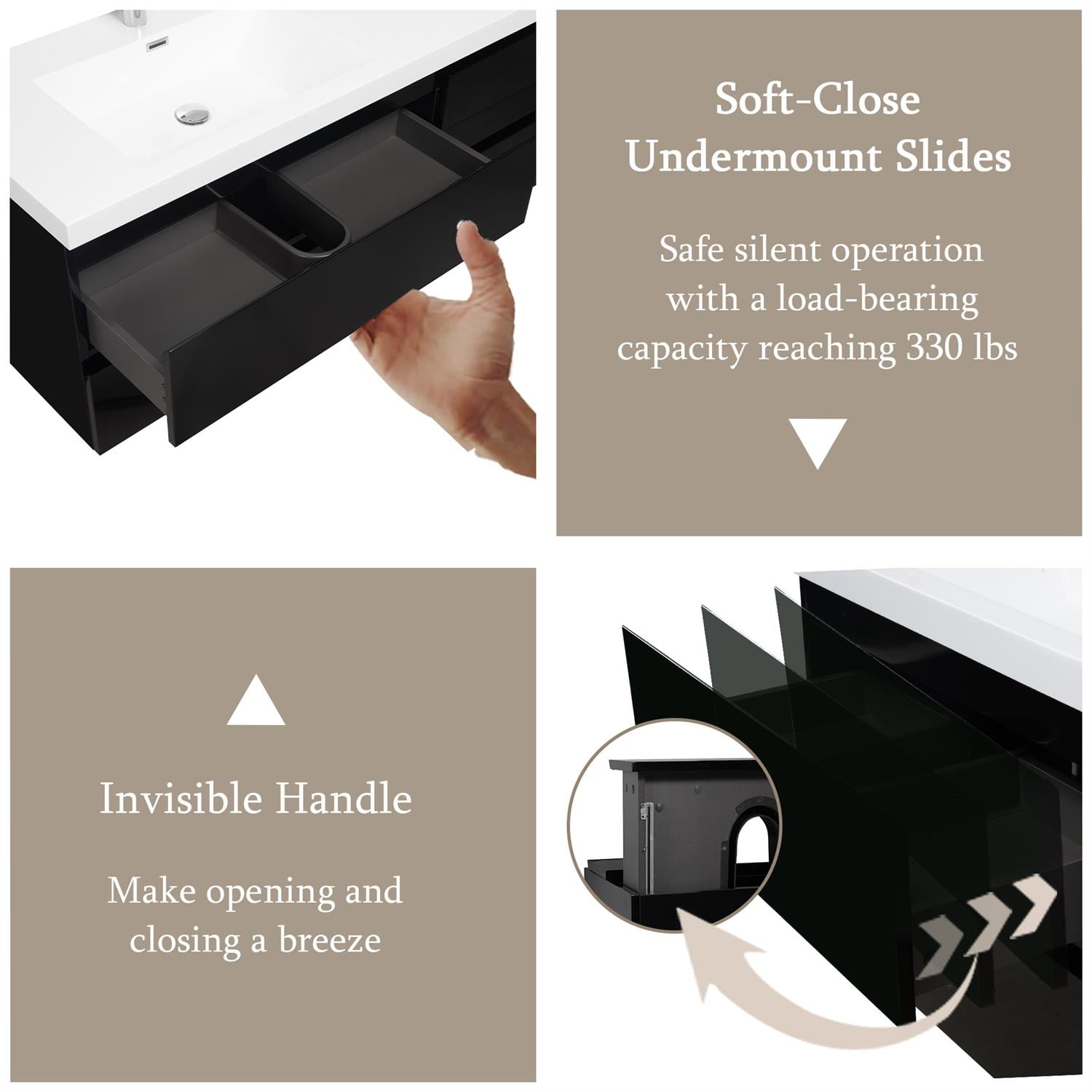 Demi Bonn 72" Floating Bathroom Vanity with Sink, Double Resin Top Basin and 4 Soft Close Drawers, Faucets and Drains Not Included, Black