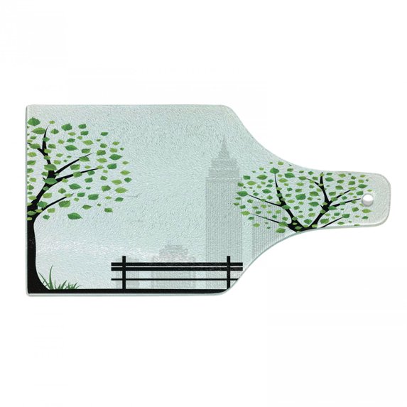 Leaf Cutting Board, Minimalist City with Simple Lines and Leaf Patterns in Boho Design Print, Decorative Tempered Glass Cutting and Serving Board, Wine Bottle Shape, Green Black, by Ambesonne