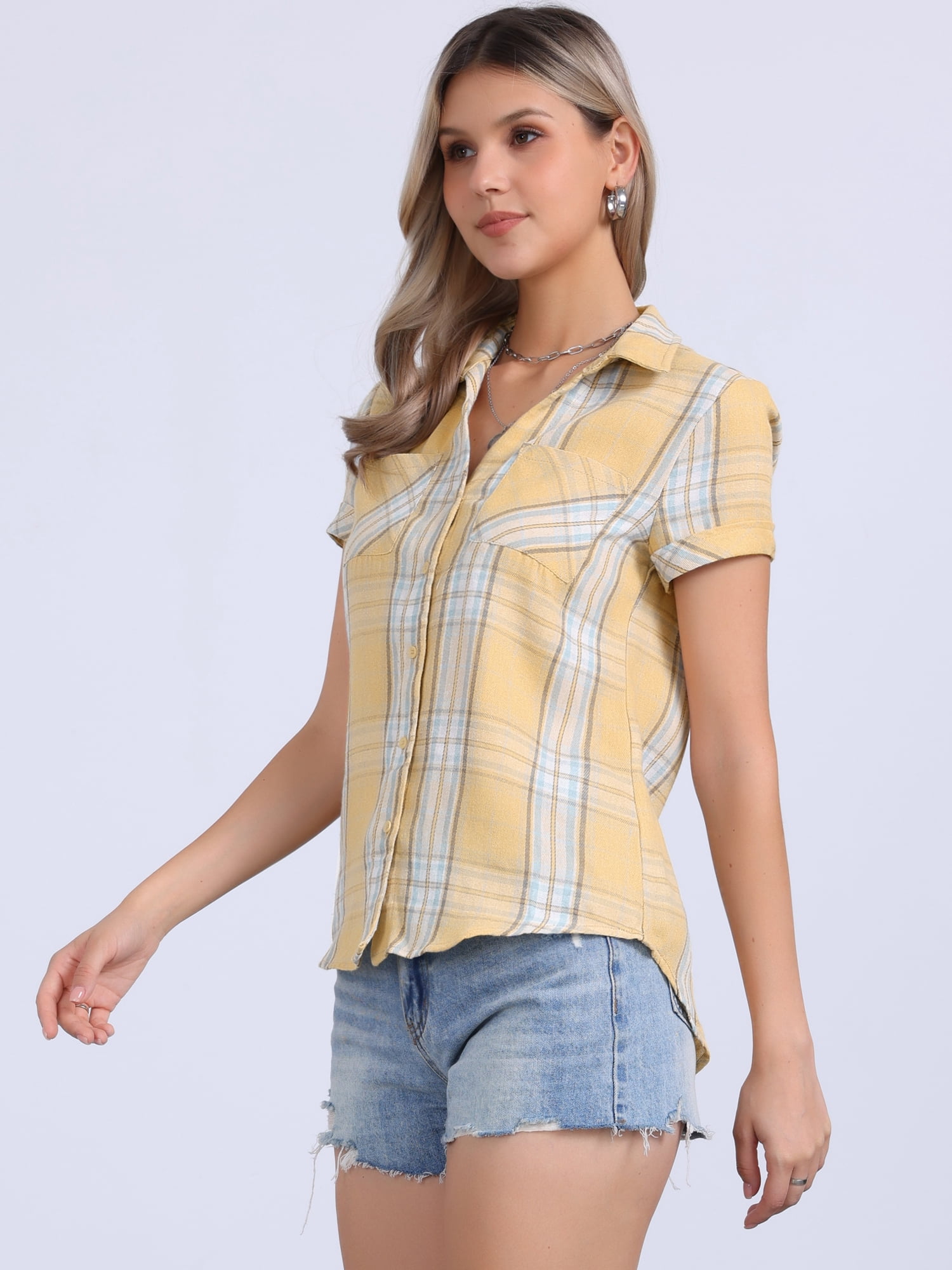 DARING DIVA Women's Plaid Shirts Cotton Short Sleeve Button Down Shirt XS Yellow Blue