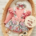 thumbnail image 2 of JIAYUE Baby Girls Clothing Set Floral Print Long Sleeve Round Neck Bow Detail Ruffle Trim Romper With Suspenders Dress And Headband 3PCS Toddler Comfort Outfit Sets, 2 of 6