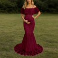 thumbnail image 5 of Gyujnb Off Shoulder Ruffle Flutter Sleeve Lace Maternity Gown Thin Spaghetti Strap Liner Fitted Long Train Formal Dress Elegant Outfit for Maternity Photoshoot Postpartum Party Wear,S, 5 of 7