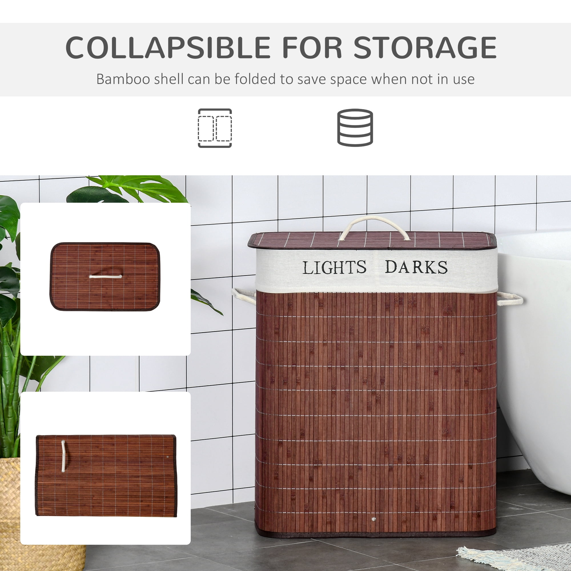 HOMCOM Bamboo Laundry Basket, Collapsible Laundry Hamper, Brown