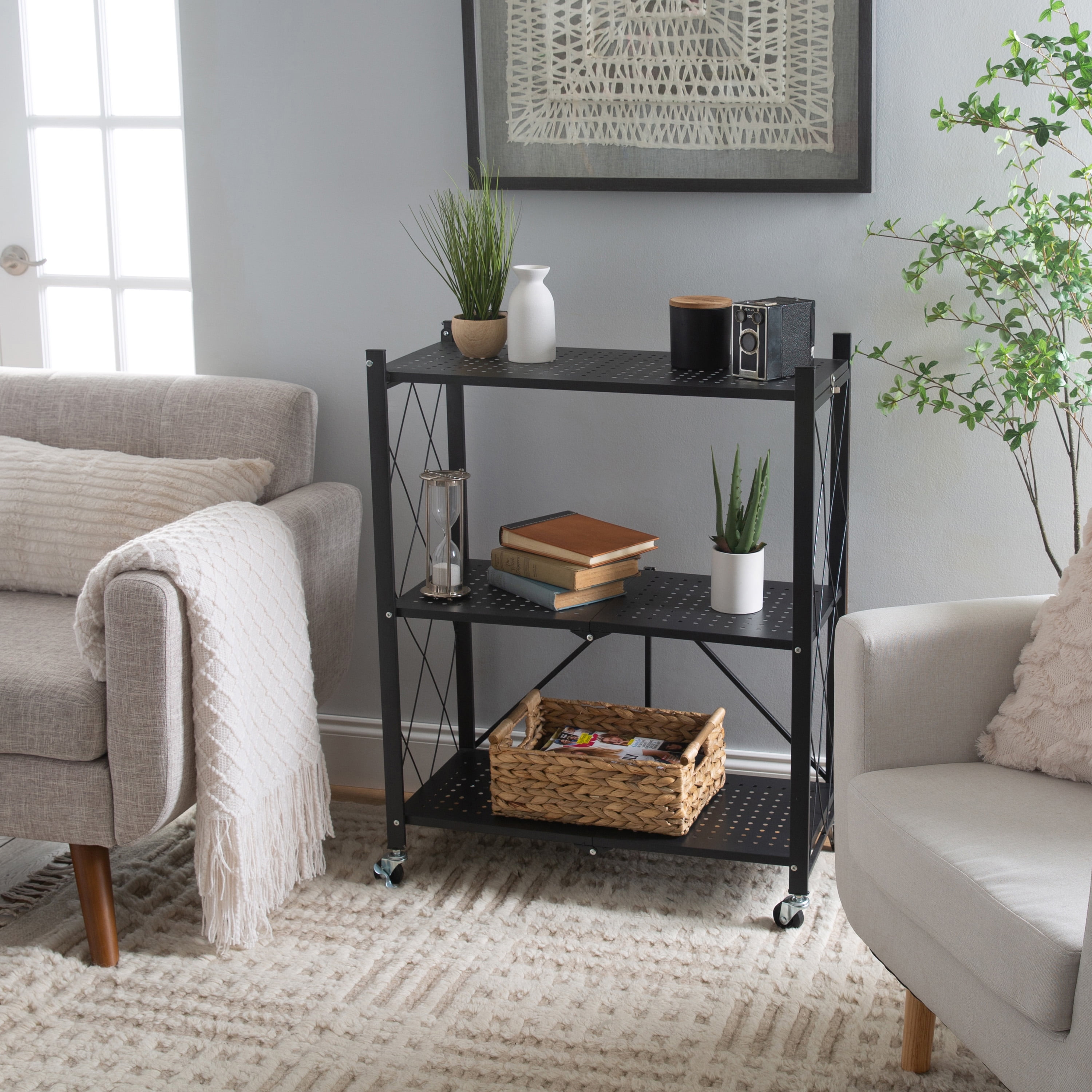 Organize It All 3 Shelf Foldable Metal Storage Shelves, Wheels, Adult, Kitchen, Laundry Room, Black