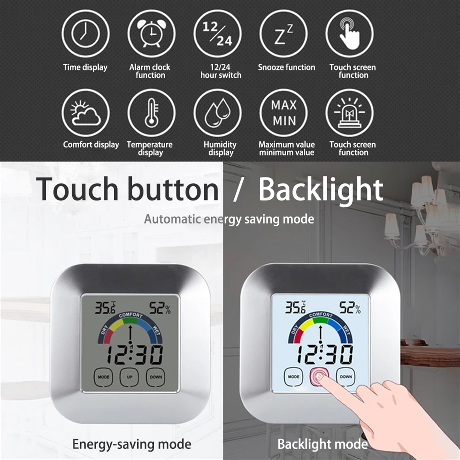 LCD Digital Temperature and Humidity Meter Wireless Temperature and Humidity Monitor Touch Electronic Weather Clock Backlight ,High Precision
