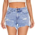thumbnail image 1 of Pantalones cortos de mezclilla para mujer Dobladillo elástico Deshilachado Casual Bolsillos calientes Cintura media 1811-blue4, 1 of 5