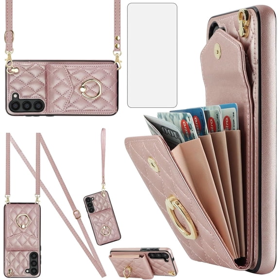 Asuwish Wallet RFID Blocking PU Leather Cell Phone Case with Tempered Glass Screen Protector, Wrist Strap for Samsung Galaxy S23, Rose Gold