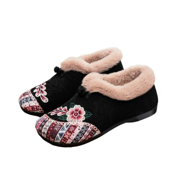 Black Women'S Fashion Shoes Velvet Embroidery Ethnic Design Flat Sole For Outdoor Indoor Wear