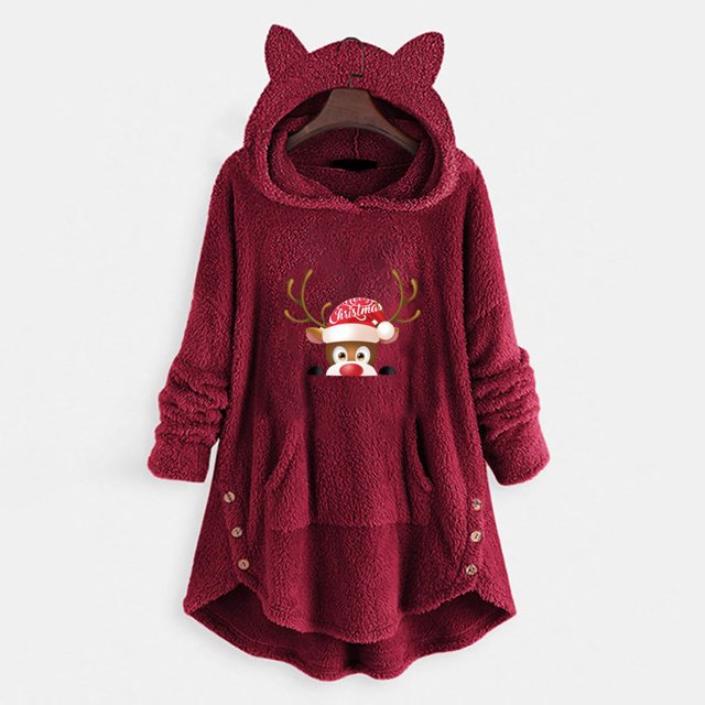 Puntoco Mujer Casual Navidad Impresión Botones De Felpa Manga Larga Con Capucha Abrigo De Felpa Top Puntoco Puntoco-4342