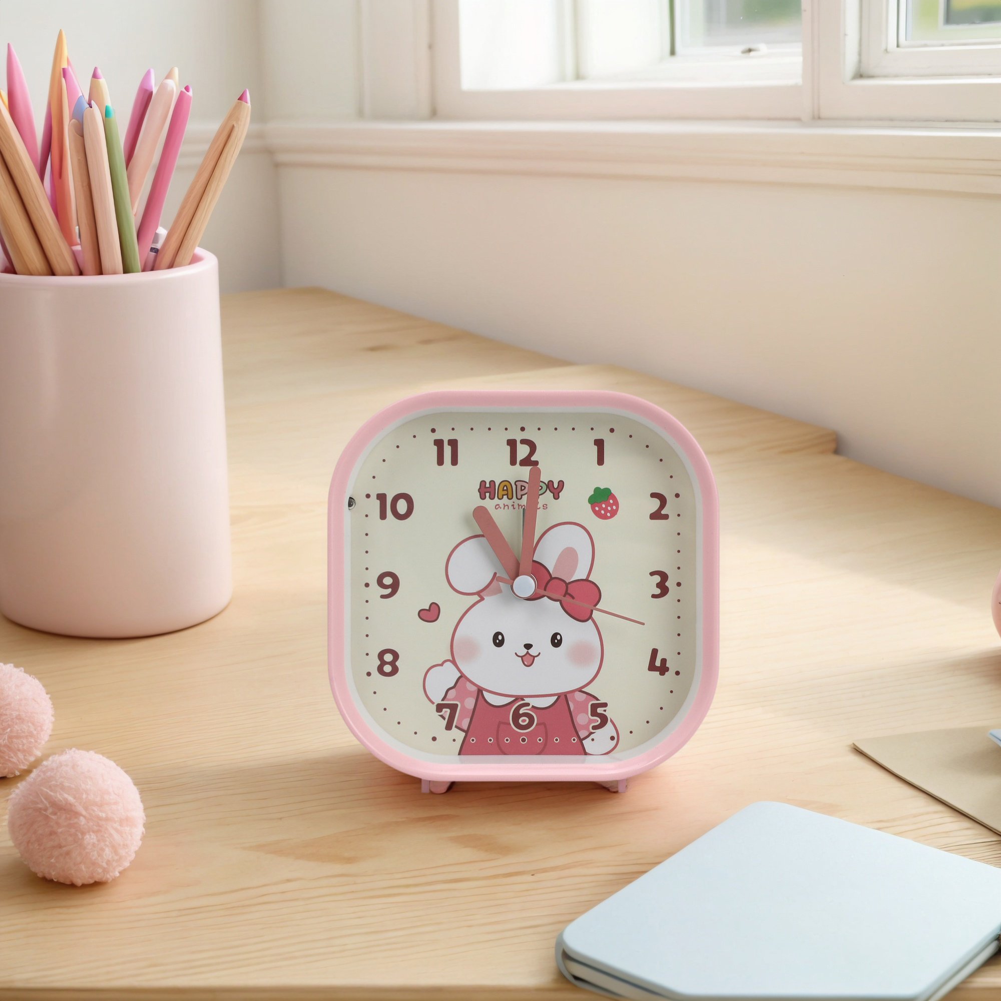 Unique Bargains Rounded Square Alarm Clock Light Pink 4.1"L x 1.9"W x 4.3"H