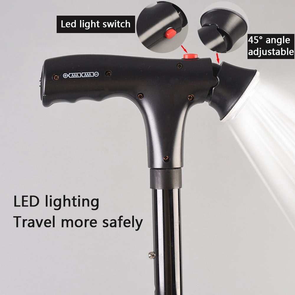 Adjustable Height Folding Walking Cane with LED Light & Alarm Button, 4-Prong Anti-Slip Base, Aluminum Alloy Telescopic Cane with Side Armrest for Elderly