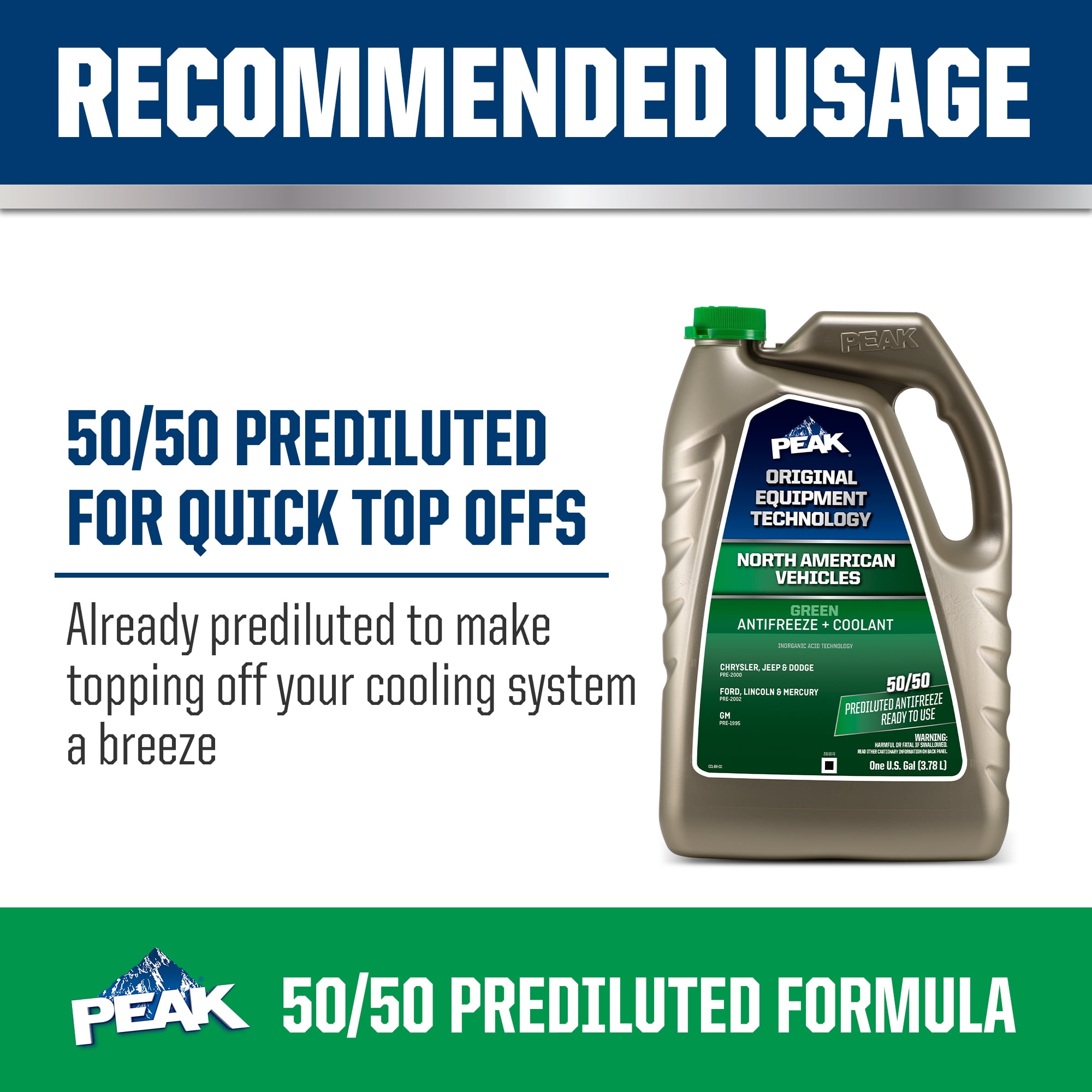 PEAK OET Low Silicate, Green Antifreeze & Coolant 2 Years or 50,000 Miles, 1 gal Jug