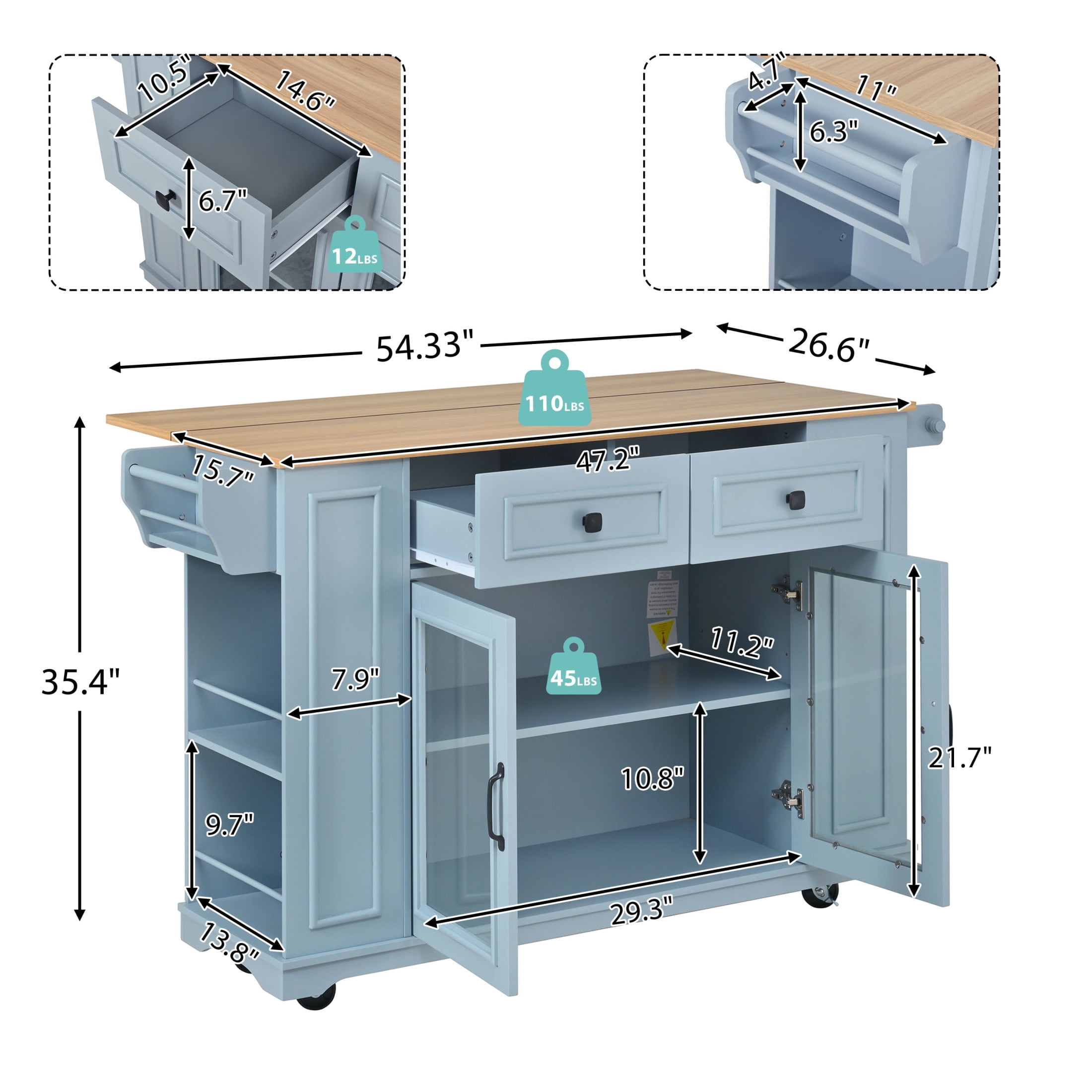 Christopher Knight Home 54.33" Mobile Kitchen Island Cart with Power Outlet and Storage, Blue Gray+Natural