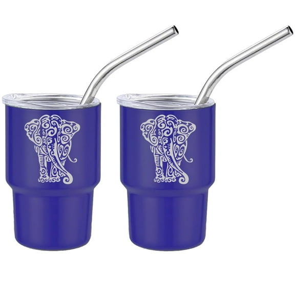 Set of 2 Mini Tumbler Shot Glasses 3oz Shot Glass With Straw and Lid Stainless Steel Gift Tribal Elephant (Blue)