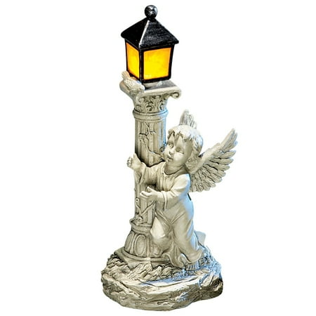 Cherub Base - Solar Powered Light-up Lantern with Cherub Figurine - Intricate Carved Details in Cherub and Light Post Displays, Resin Material Safe for All Weather, Silver