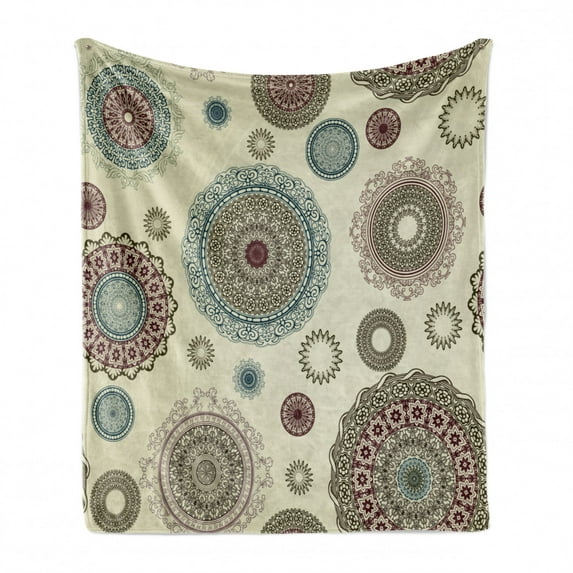 Beige Soft Flannel Fleece Blanket, Vintage Ornate Round Motifs Forms Oriental Nostalgic Artwork Old World in Retro Style, Cozy Plush for Indoor and Outdoor Use, 50" x 70", Multicolor, by Ambesonne