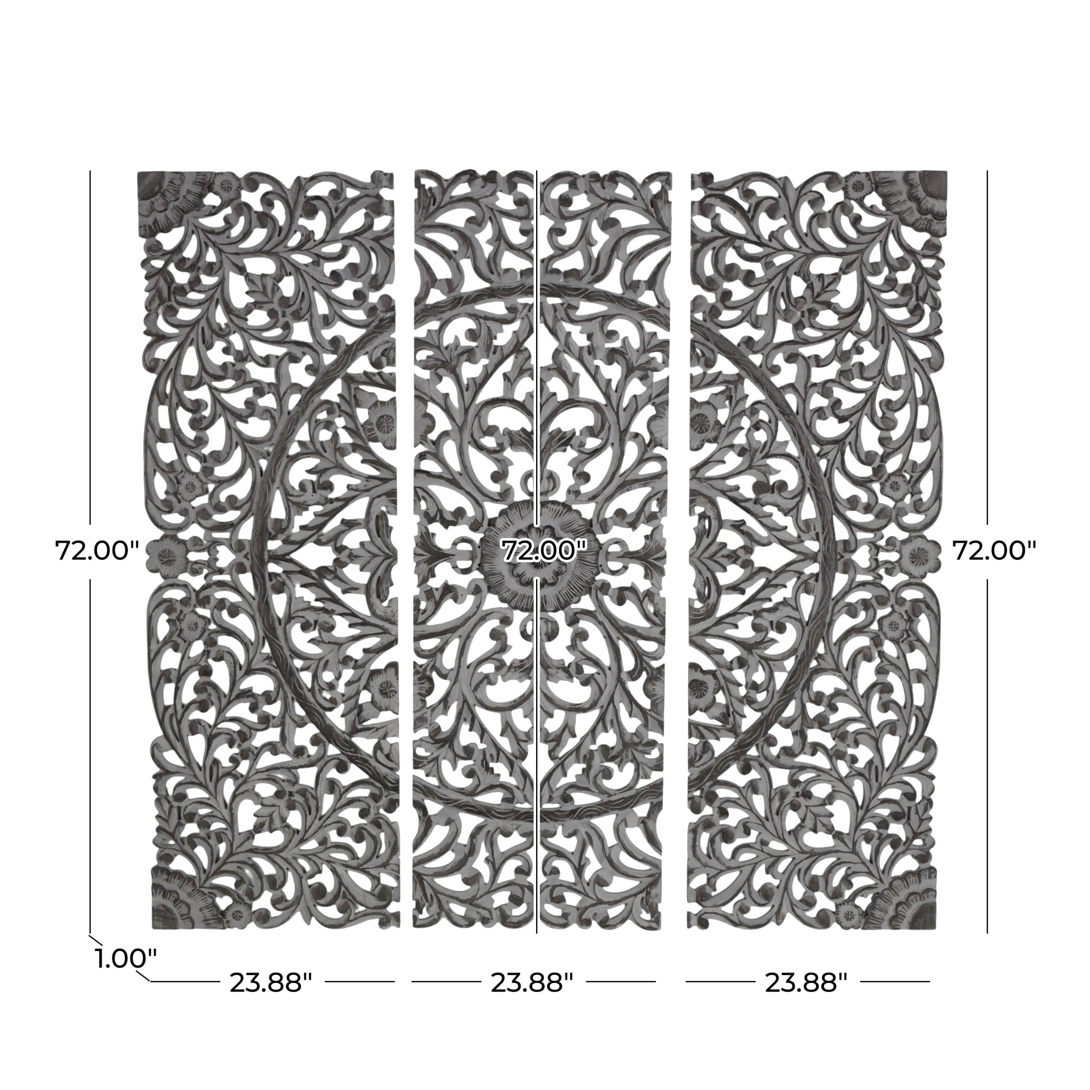 DecMode Traditional Wood Handmade Gray Carved Floral with Mandala Design Wall Décor, Set of 3 24"W x 72"H