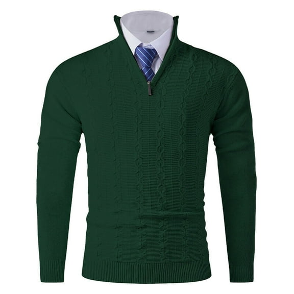 Dolkfu Fall Sweaters for Men Quarter Zip Green Mock Neck Cable Knit Sweater Basic Slim Fit Men's Knitted Pullover L