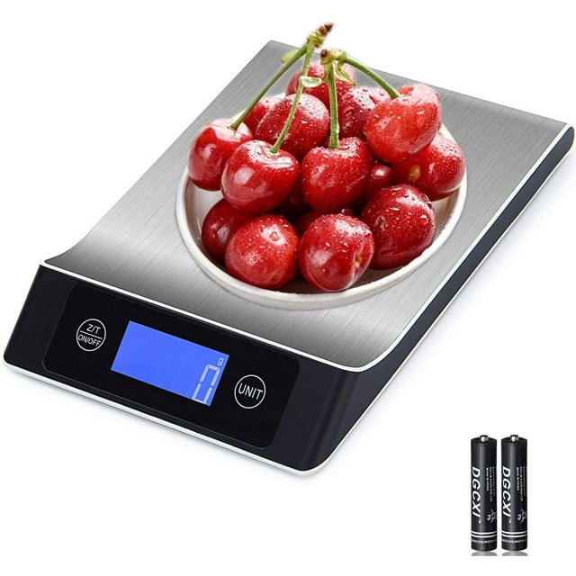 Báscula de cocina electrónica, báscula para alimentos con pantalla LCD retroiluminada, plataforma de acero inoxidable, tacto sensible, pilas incluidas, función de tara, apagado automático (10 kg/22
