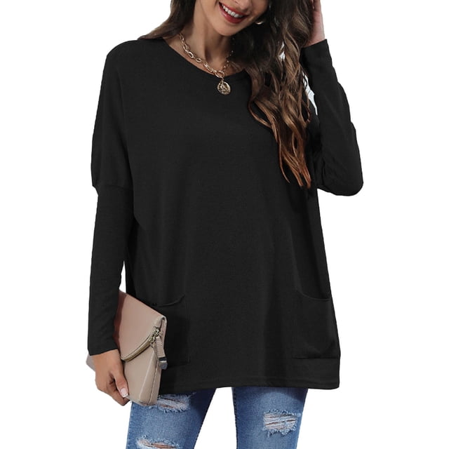 Blusa de mujer negra de cuello redondo, manga larga y bolsillos, estilo casual clásico, talla S