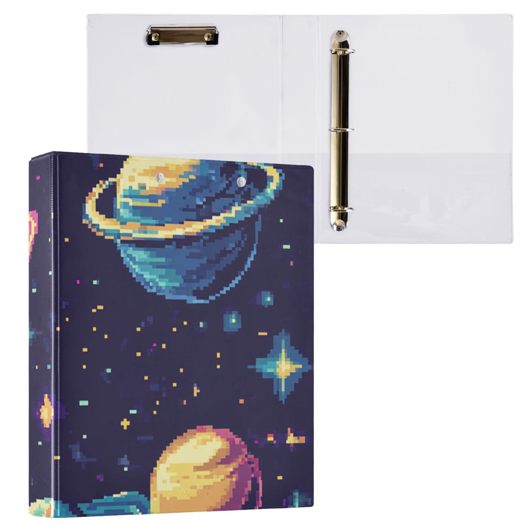 Cosmic Pixel_style 3 Ring Binders 1.5 inch Hardcover File Folders with Interior Pockets A4 Size Organizer for School Office Hospital
