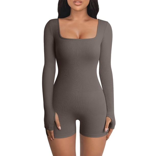 Gibobby Conjunto de yoga para mujer de yoga para mujer, monos deportivos de manga larga acanalados con cuello cuadrado(Gris,G)