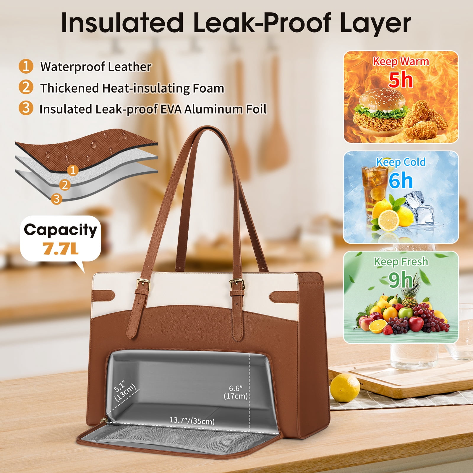 RAINSMORE 15.6 inch Lunch Tote Bag for Women Laptop Bags with Insulated Lunch Compartment Teacher Work Bag for Office Travel,BrownWhite