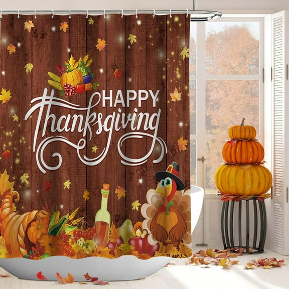 Happy Thanksgiving Turkey Shower Curtain, Rustic Wood Pumpkin Fall Autumn Harvest Shower Curtain Fall Bathroom Set Holiday Bath Bathtub Decor Fabric Machine Washable with 12 Hooks 72"x72"