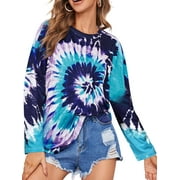 ZXZY Women Tie-Dyed Crew Neck Long Sleeves Gradient Knotted Hem Top