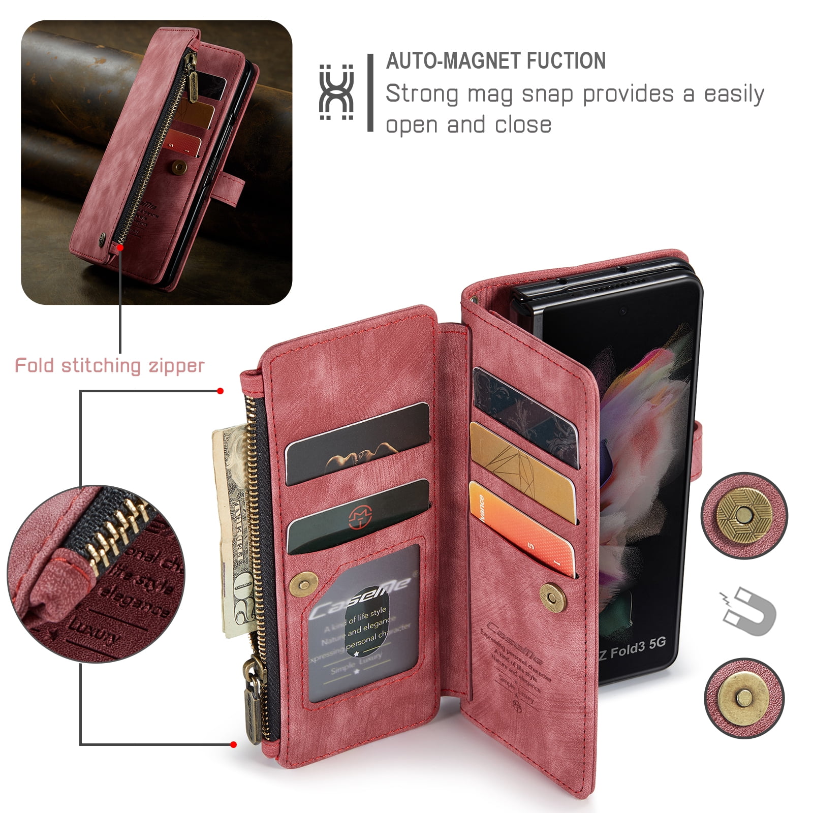 Dteck Galaxy Z Fold 3 Case, Dteck Heavy Duty Durable PU Leather Magnetic Wallet Flip Lanyard Strap Wristlet Zipper Card Holder Phone Case for Samsung Galaxy Z Fold 3 5G, Red