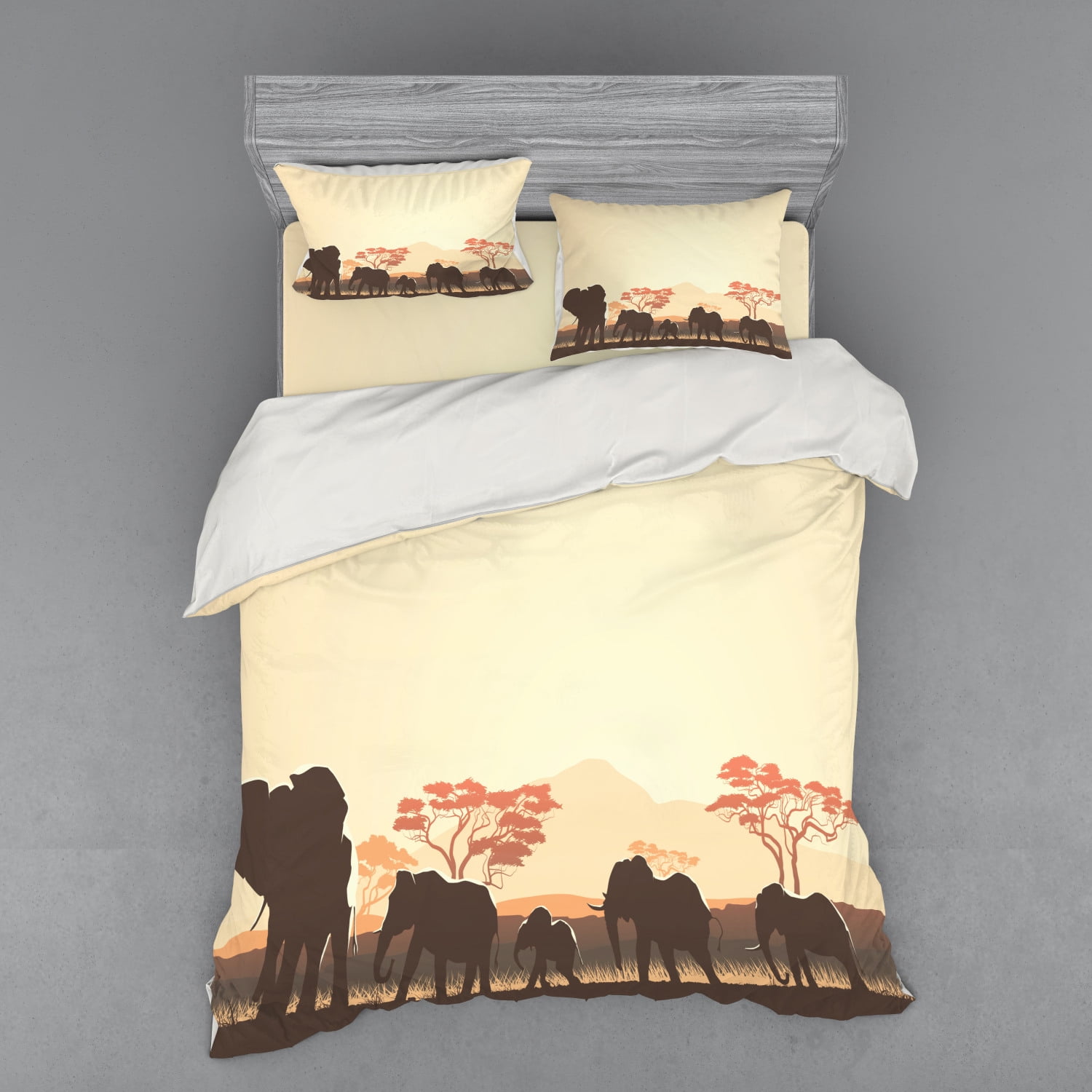Africa Duvet Cover Set, Wildlife Safari Big Animal Elephants in Forest with Lake Nature Scene