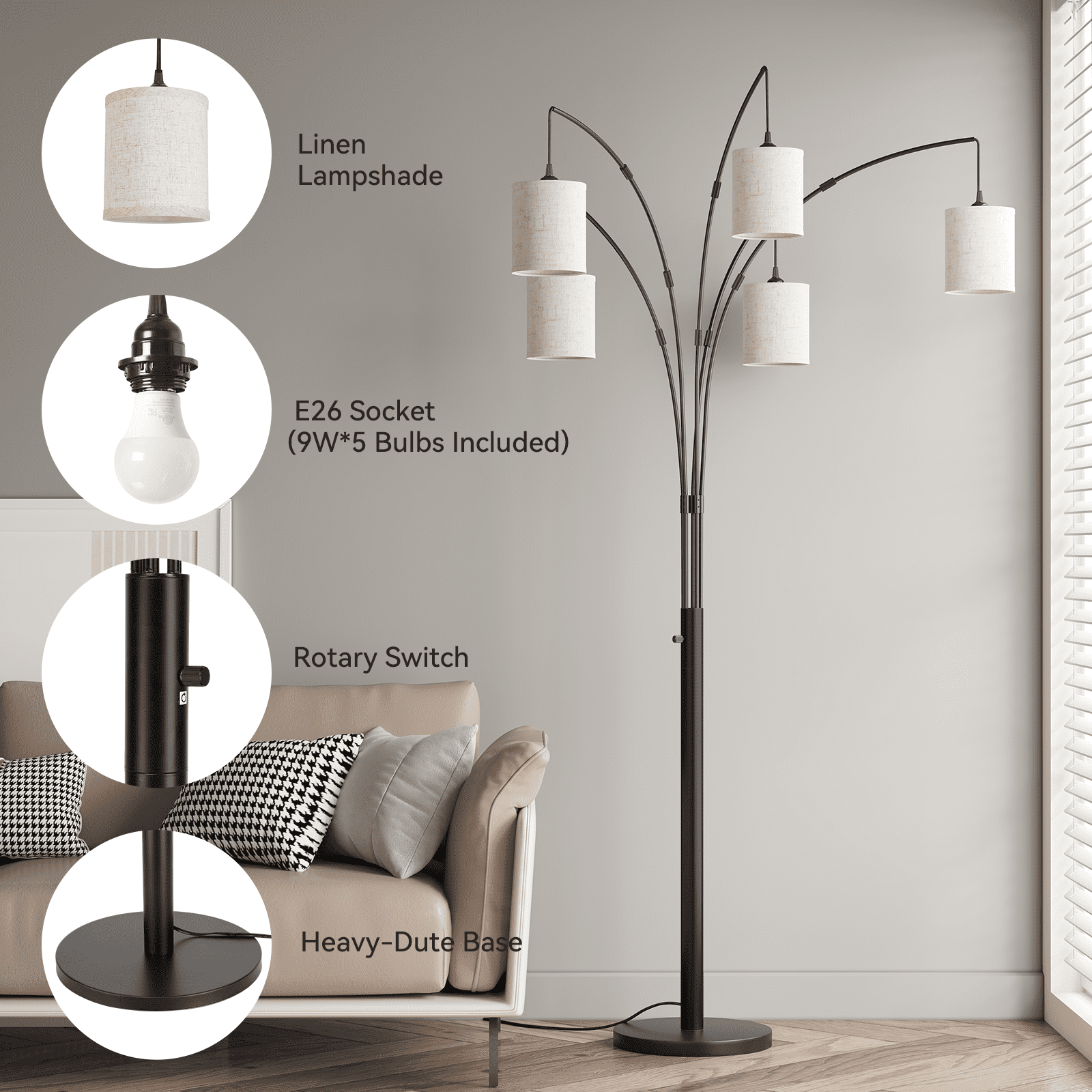 SUNMORY 5 Lights Tree Floor Lamp, 83.5" Large Tall Standing Lamp with Drum Linen Lampshade, Modern Arc Floor Lamps with Heavy Base & 5 Bulbs Included, Mid Century Arched Floor Lamp for Living Room