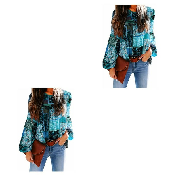 Camisa de mujer sweethay Verano cuello Casual Elegante blusa bohemia Azul M METRO 2Conjunto