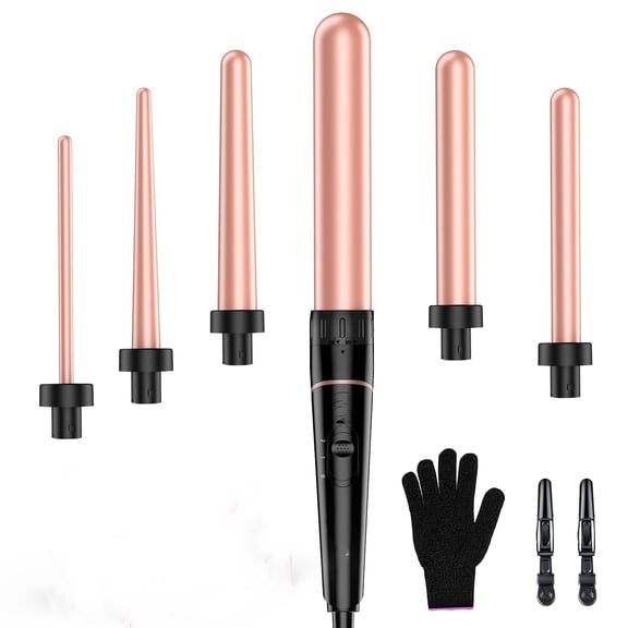 CNV 6-in-1 Curling Wand Set, Interchangeable Ceramic Barrels, Negative Ion Hair Curler, Dual Voltage for Long/Medium Hair with Glove & Clips