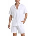 thumbnail image 2 of JIKNTTR Men's Summer Beach Outfits 2 Piece Short Sleeve Shirts And Shorts Vacation Texture Linen Sets For Men Solid Color Sports Loungewear Set, 2 of 8